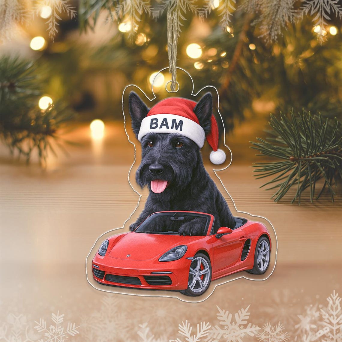 Scottish Terrier Christmas Poster with Santa Hat and Red Convertible