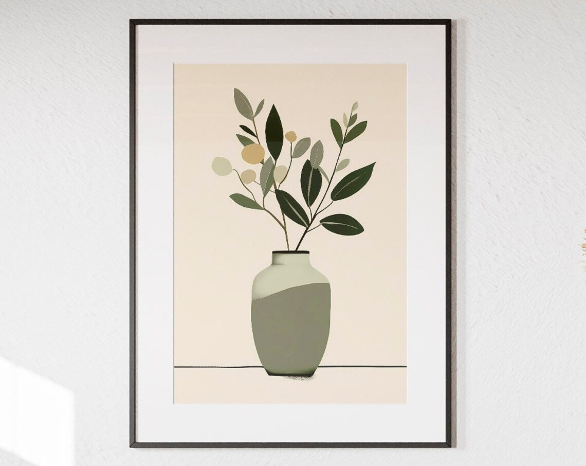 Modern Minimalist Green Botanical Vase Leaves Cream Tone Poster