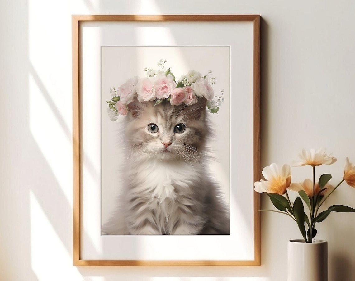 Kitten With Floral Crown Nursery Wall Art Print