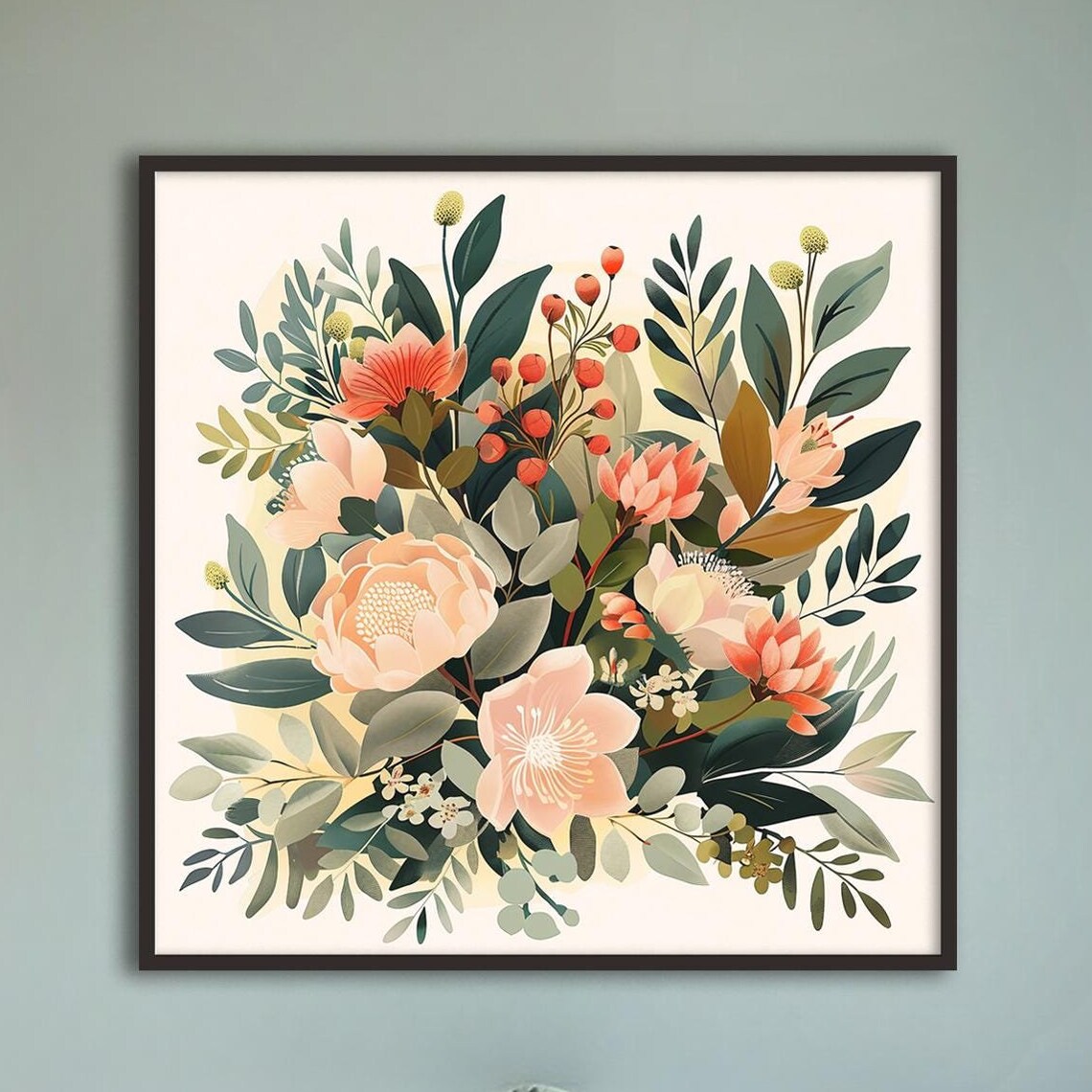 Soft Peach Peony Watercolor Bouquet Coral Blooms Floral Art Poster