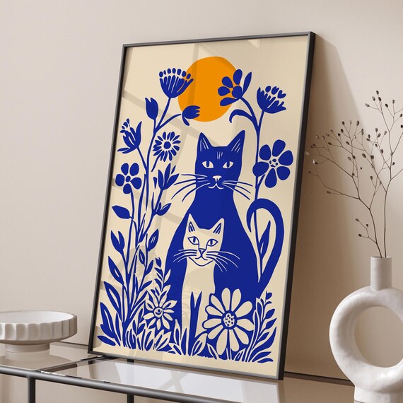 Sunny Blue Cats Among Flowers Whimsical Retro Feline Art Poster