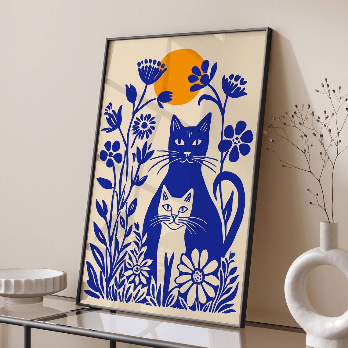 Sunny Blue Cats Among Flowers Whimsical Retro Feline Art Poster