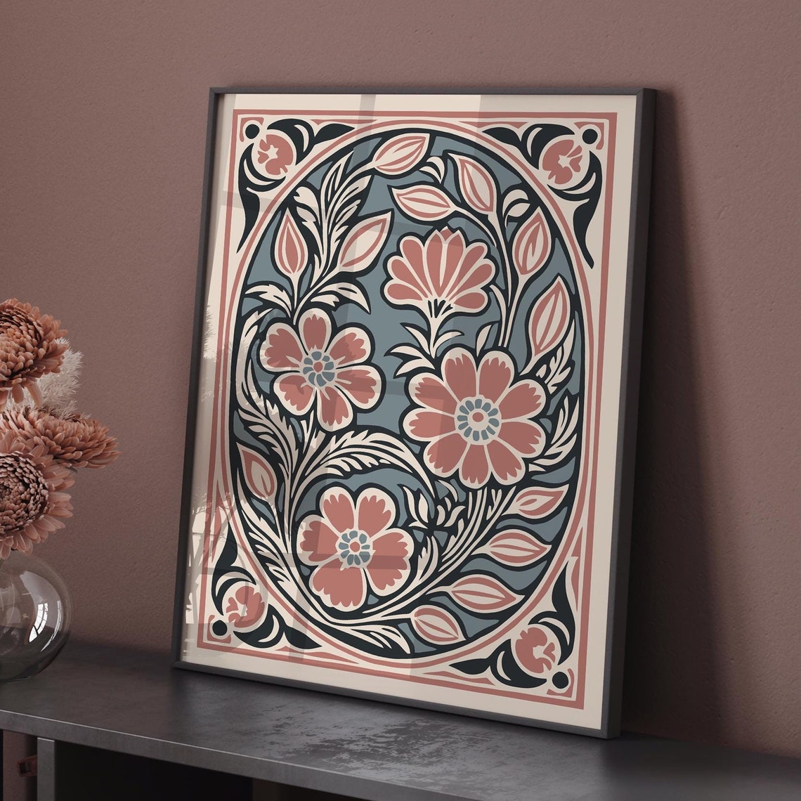 Pink Rococo Floral Oval in Soft Blue Romantic Botanical Poster - Image 6