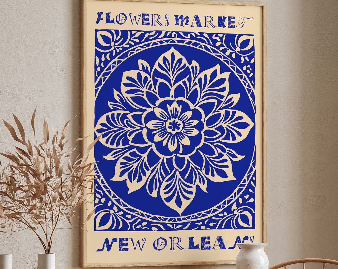 New Orleans Flower Market Indigo Blue Botanical Linocut Poster