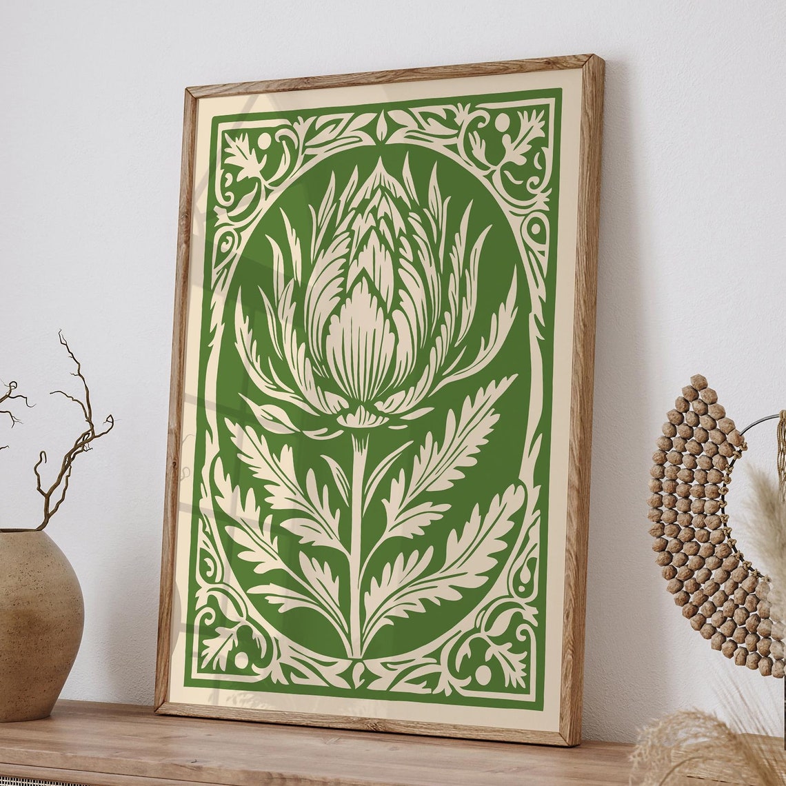 Green Artichoke in Cream Oval Frame Botanical Kitchen Poster