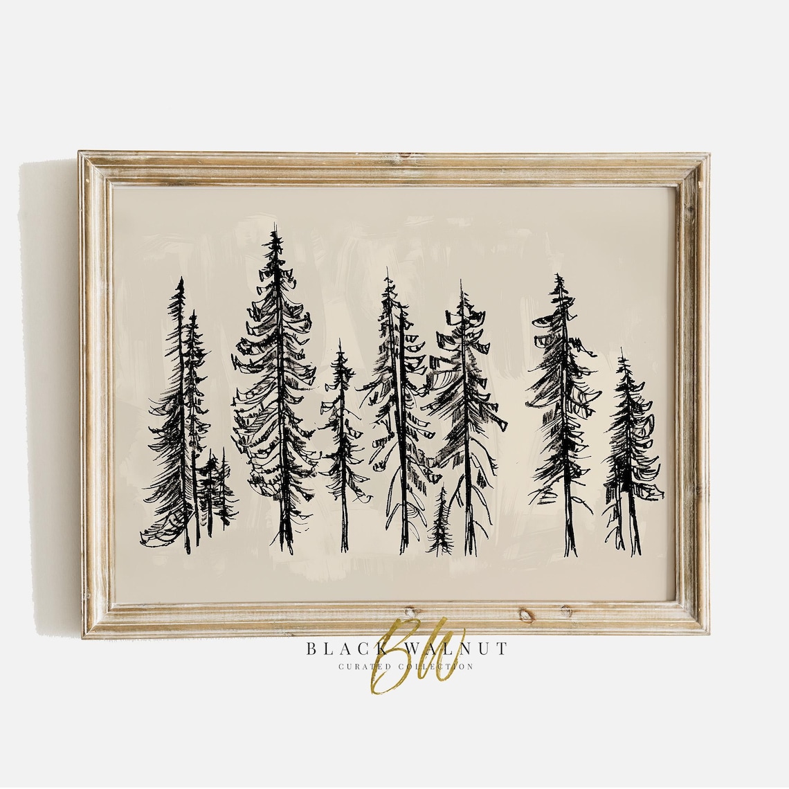 Winter Trees Sketch Art, Neutral Christmas Farmhouse Print