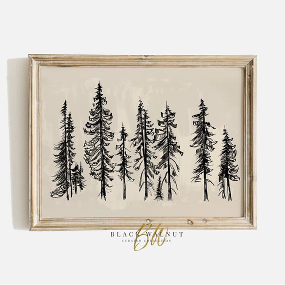Winter Trees Sketch Art, Neutral Christmas Farmhouse Print