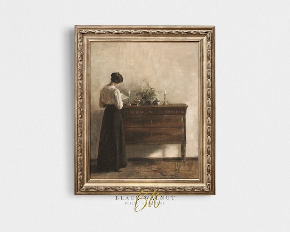 Woman Reading at Antique Sideboard Interior Oil Painting Vintage Wall Art