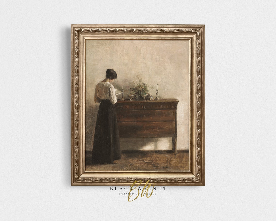 Vintage Portrait Print Of Woman Reading Print Of Antique Oil Painting Interior Scene Vintage Painting French Country Art Print
