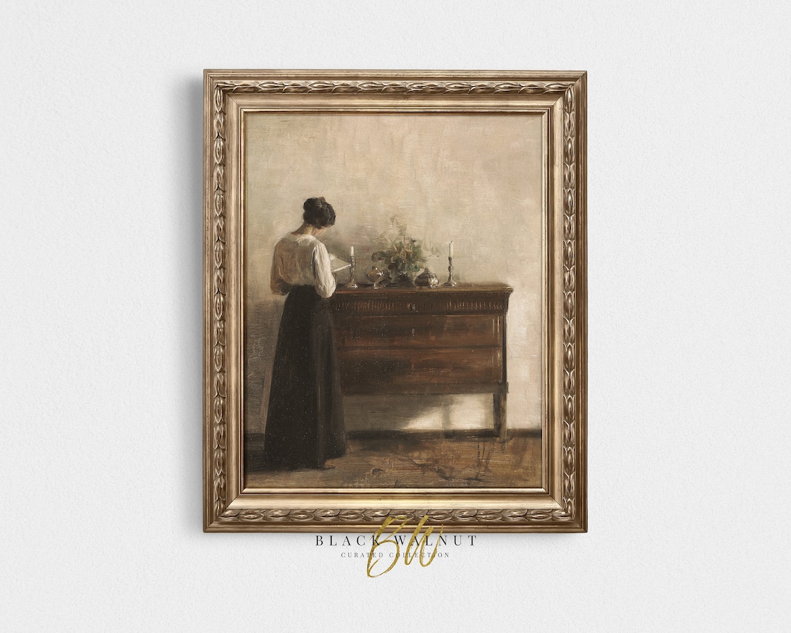 Woman Reading at Antique Sideboard Interior Oil Painting Vintage Wall Art