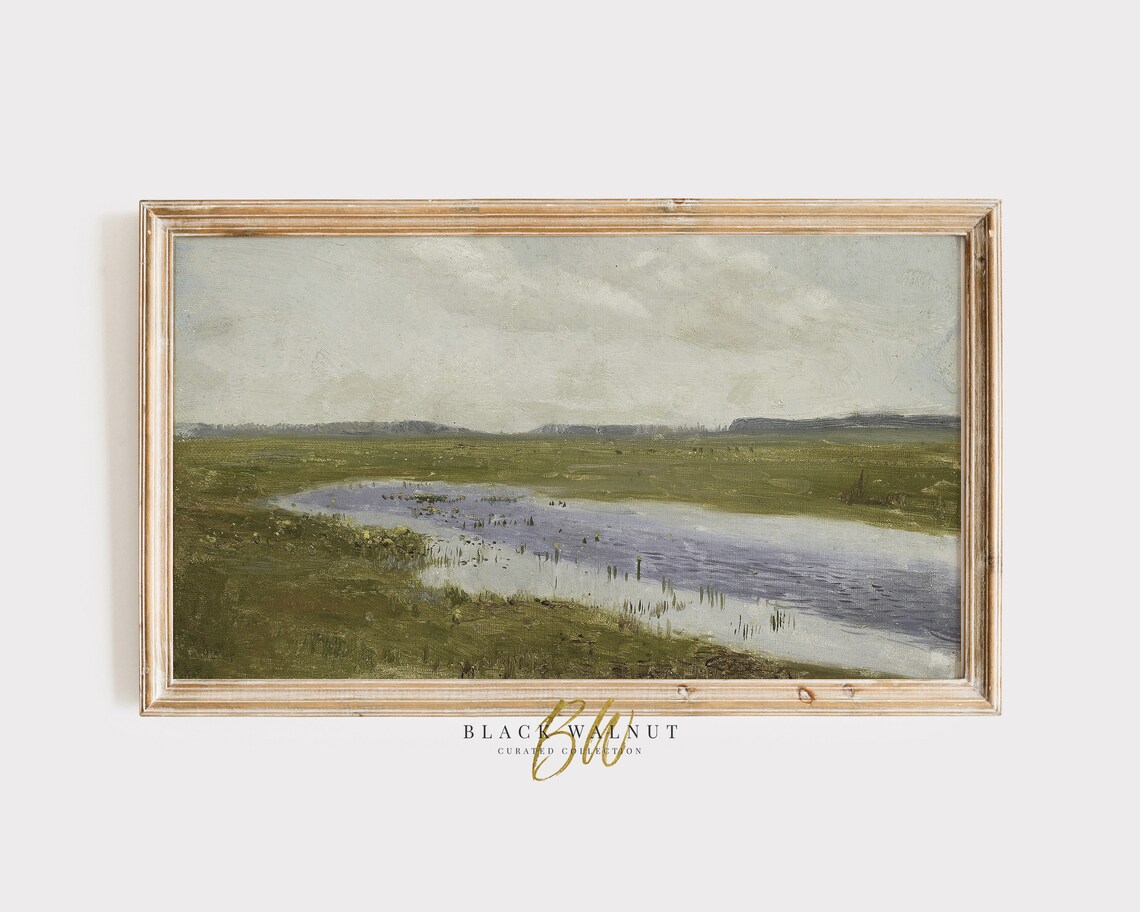 Frame Tv Art Vintage Landscape Blue Green Spring Field With Pond Meadow Antique Oil Painting French Farmhouse