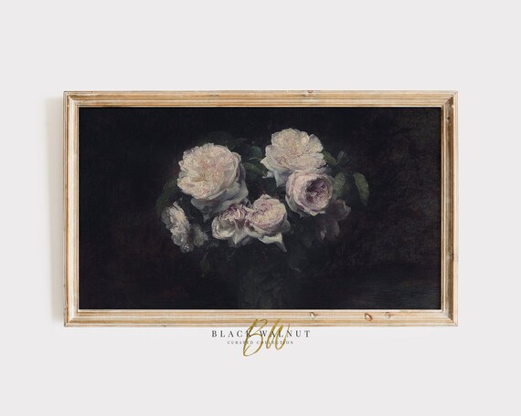 Frame Tv Art Moody Vintage Still Life Painting Peonies Antique Oil Painting Pink Flowers French Farmhouse