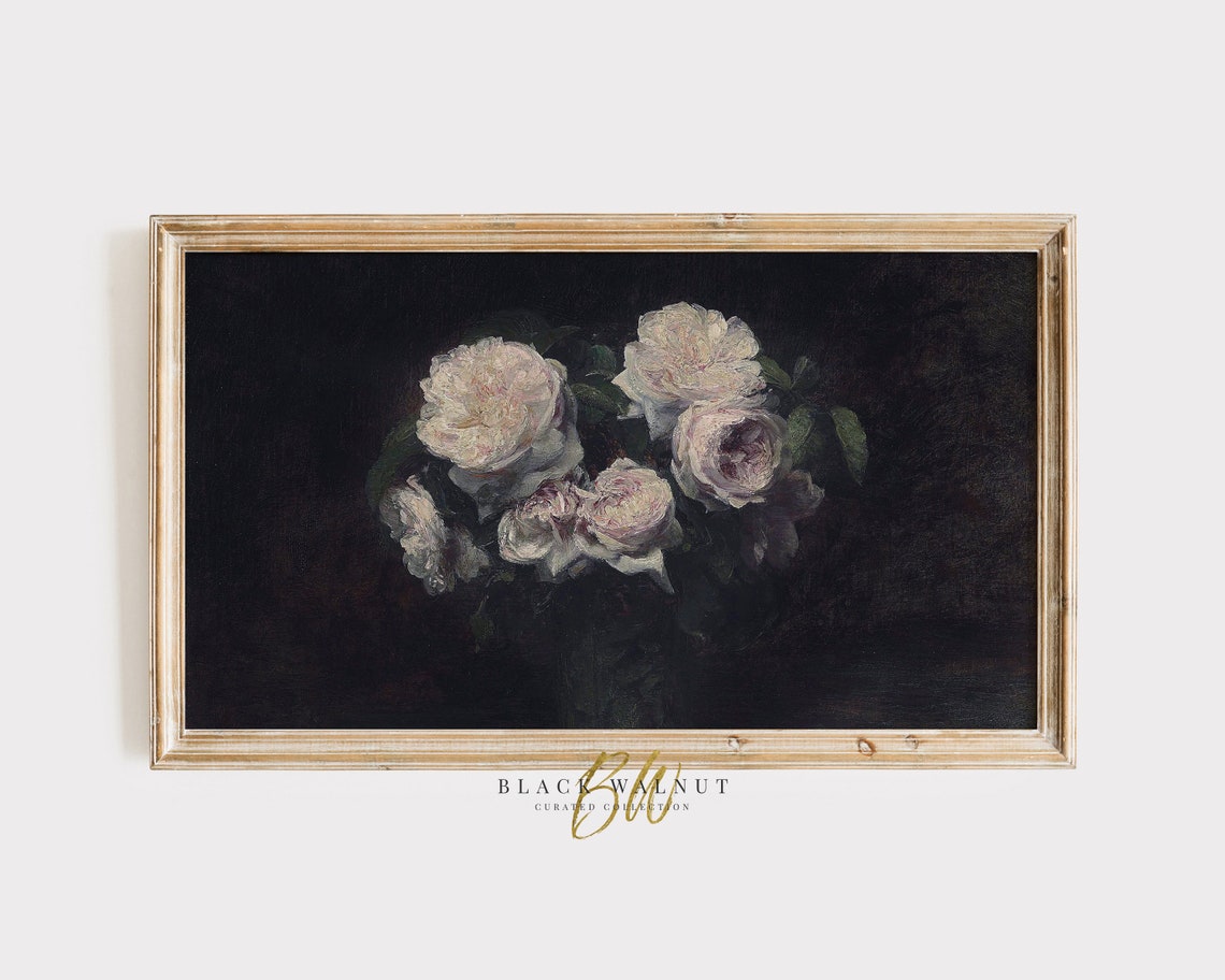 Frame Tv Art Moody Vintage Still Life Painting Peonies Antique Oil Painting Pink Flowers French Farmhouse
