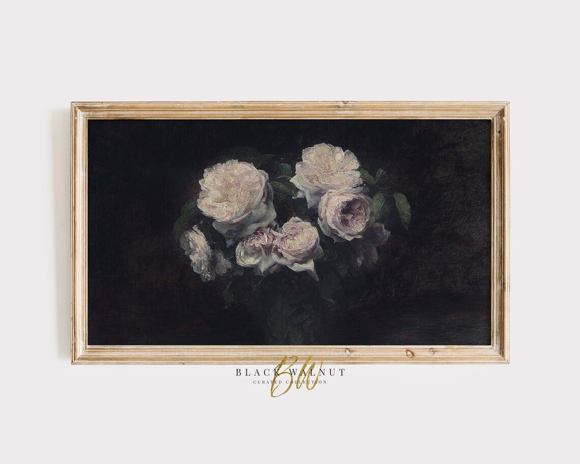 Moody White Peony Still Life Blush Vintage Oil Painting Floral Print