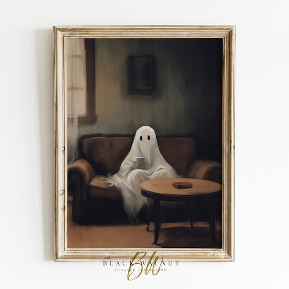 Funny Ghost Drinking Coffee On Couch Moody Vintage Halloween Art Print