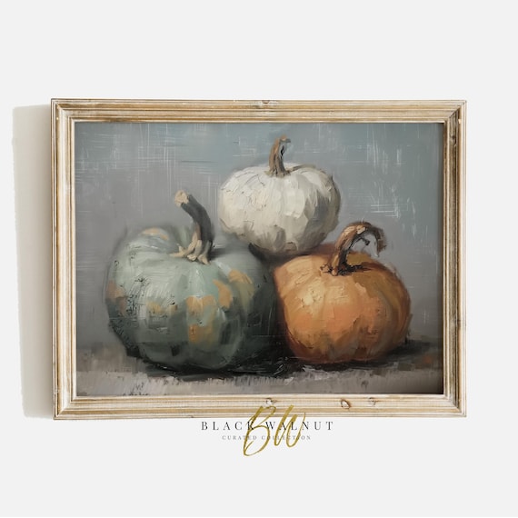 White Blue Orange Pumpkins Vintage Oil Still Life Fall Harvest Wall Art Poster