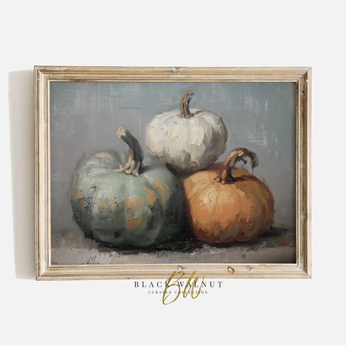 White Blue Orange Pumpkins Vintage Oil Still Life Fall Harvest Wall Art Poster