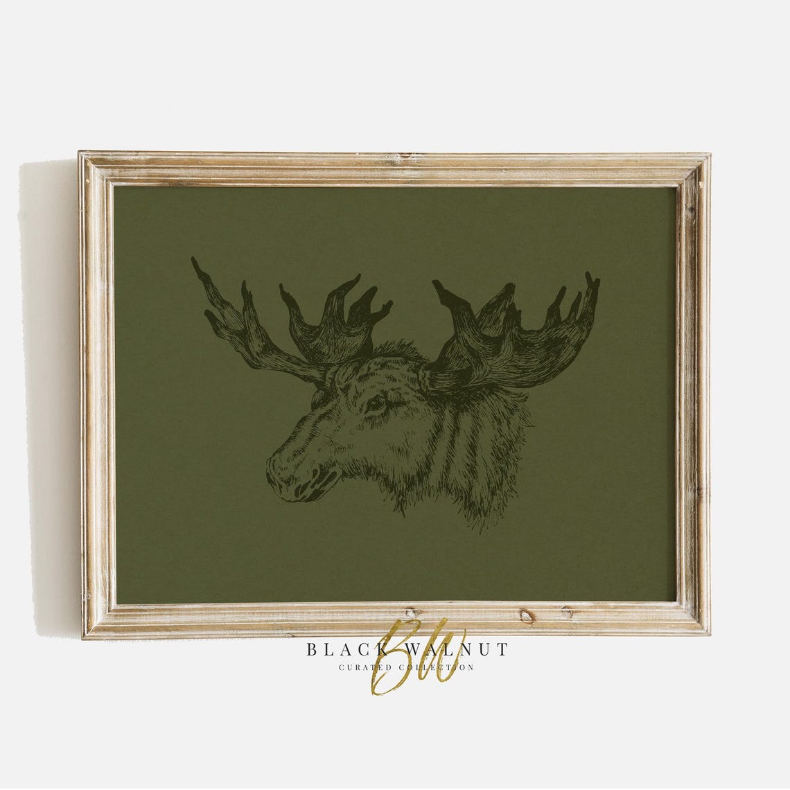 Moose Head Sketch Vintage Engraving Dark Green Horizontal Wildlife Art