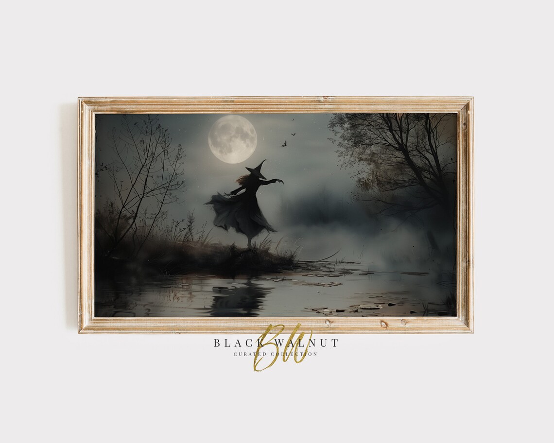 Halloween Witch Full Moon Art Print, Spooky Decor