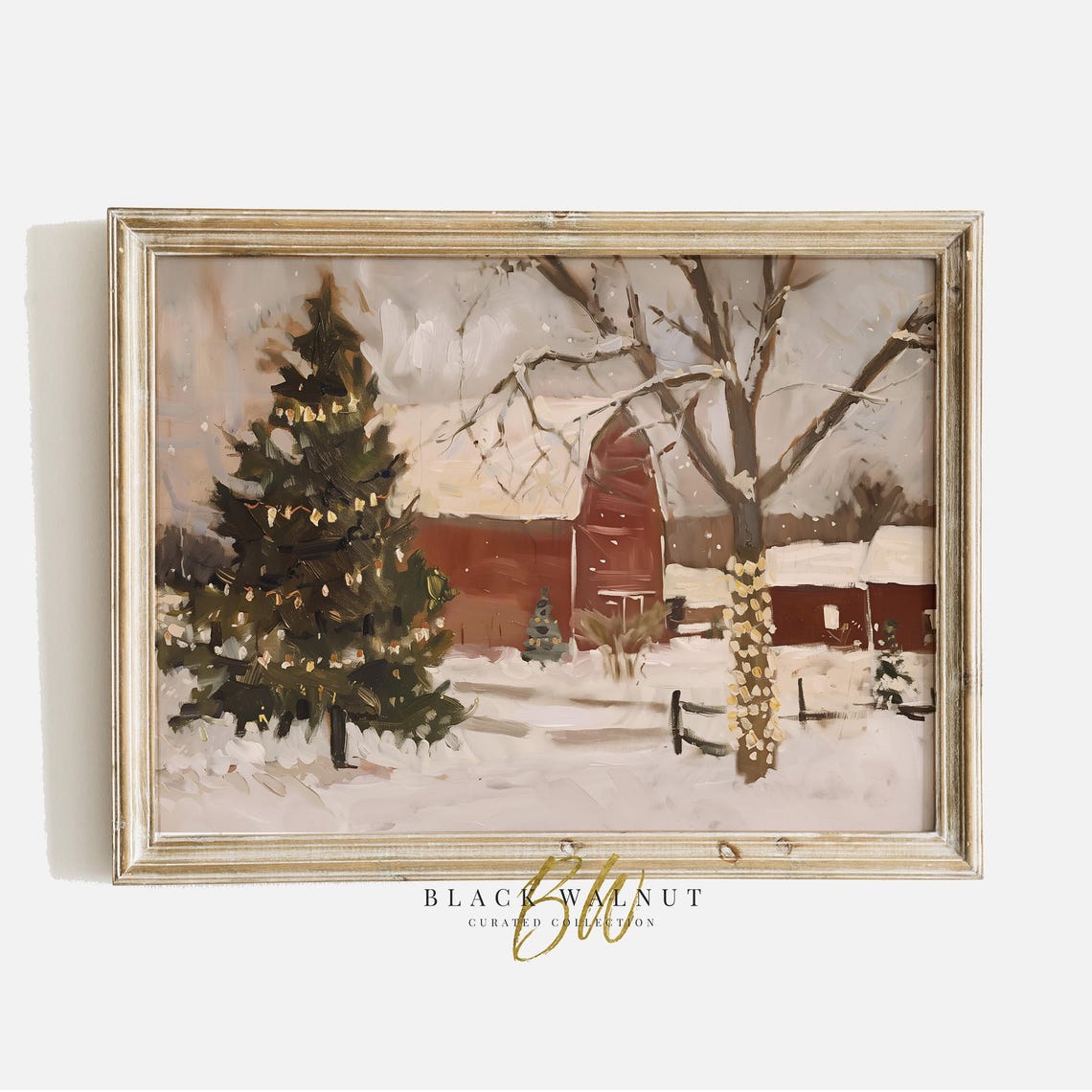 Rustic Red Barn in Snow Lit Christmas Tree Winter Farm Scene Wall Art