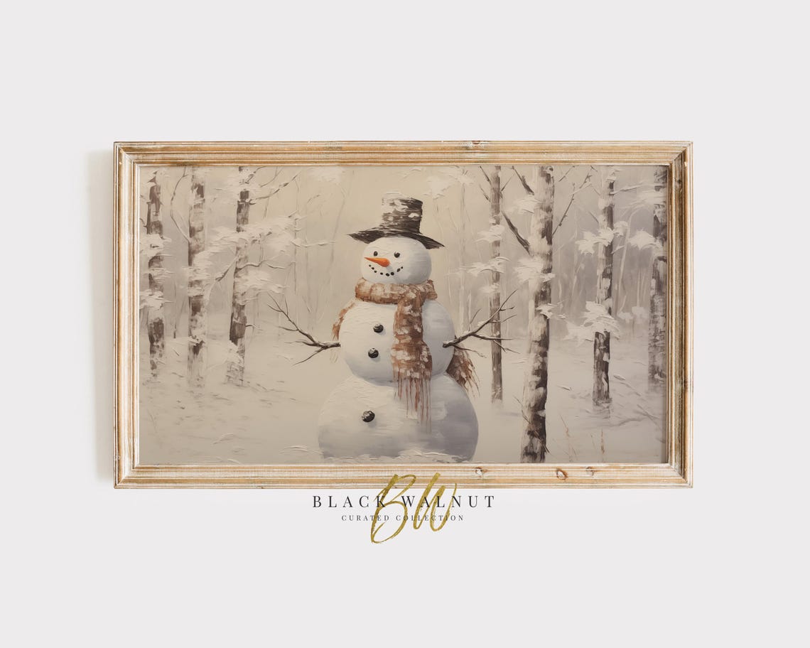 Frame Tv Snowman Art Neutral Rustic Country Winter Painting Christmas Holiday Decor Farmhouse Seasonal Tv Screensaver