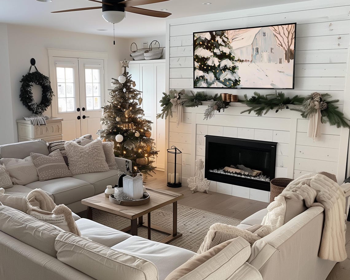 Glowing Snowy Christmas Tree White Barn Winter Dusk Art Print - Image 2
