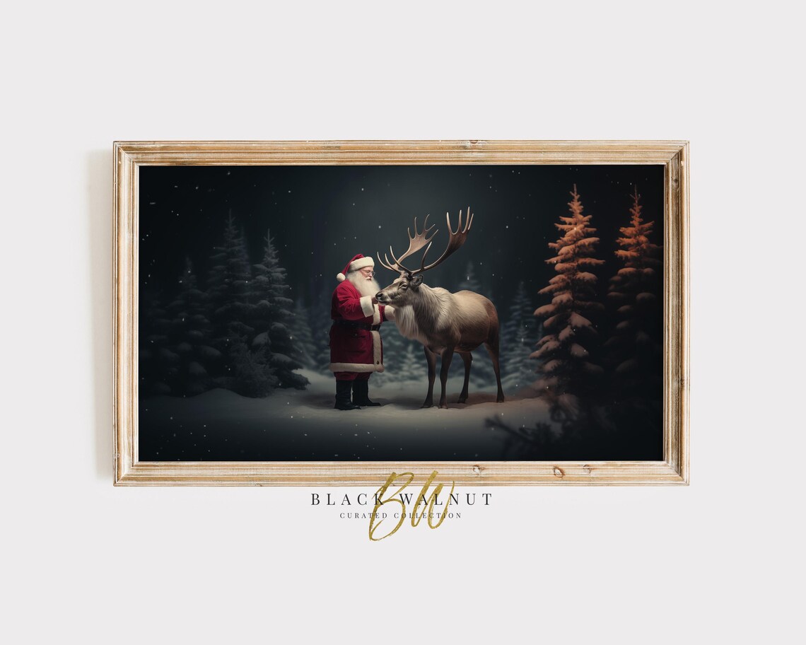 Frame Tv Art Santa Reindeer Christmas Painting Snowy Winter Forest Tv Art Holiday Decor Christmas Tv Screensaver