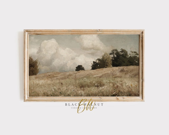 Vintage Neutral Meadow Frame Tv Art Muted Landscape Field Painting For Frame Tv Rustic Country Painting