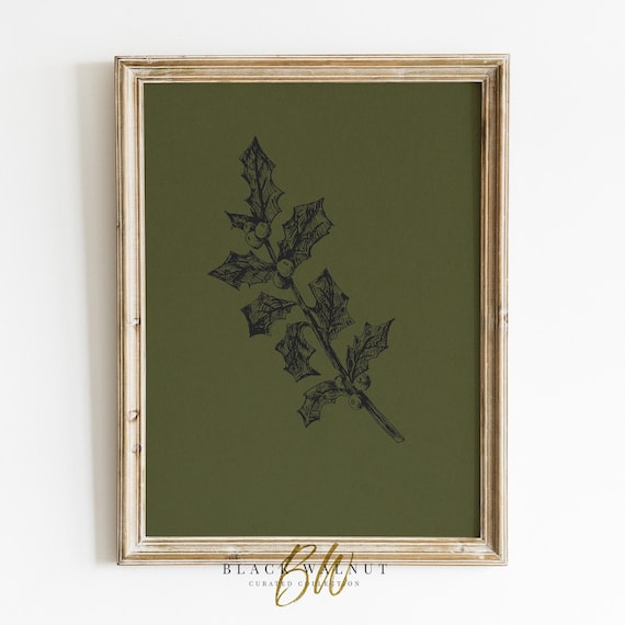 Winter Botanical Moody Dark Green Wall Art Print Christmas Holly Minimalist Sketch Art Modern Farmhouse Decor