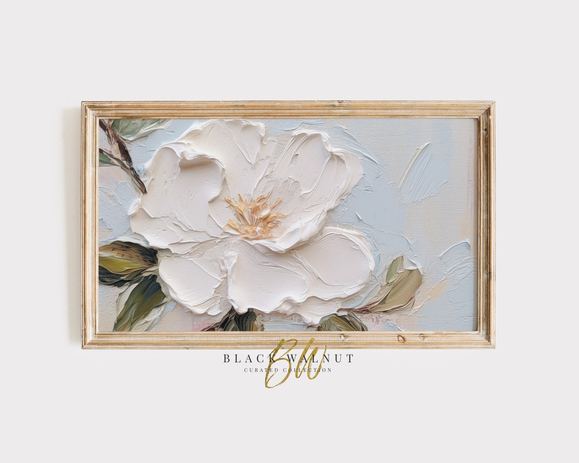 White Wildflower Impasto Close Up 3D Textured Floral Blue Wall Art