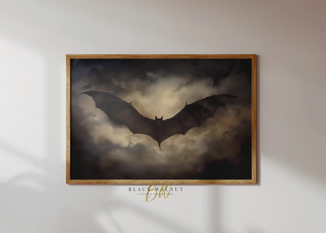 Vintage Bat Flying Dark Storm Clouds Spooky Halloween Wall Art Print