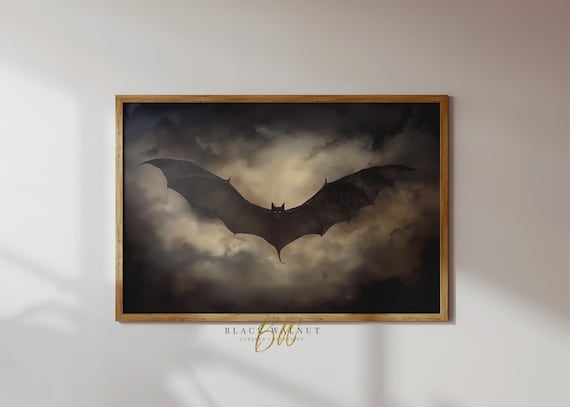 Halloween Bat Wall Art Print Spooky Halloween Decor Vintage Style Rustic Moody Art Print Horizontal Print