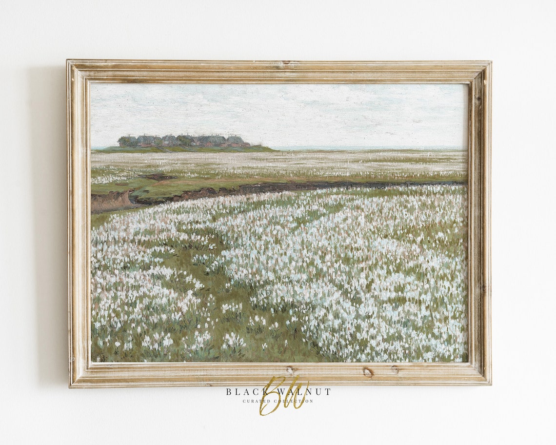 Vintage Spring Meadow Antique Oil Painting White Flowers In Field Painting French Country Farmhouse Decor Muted Tones Art