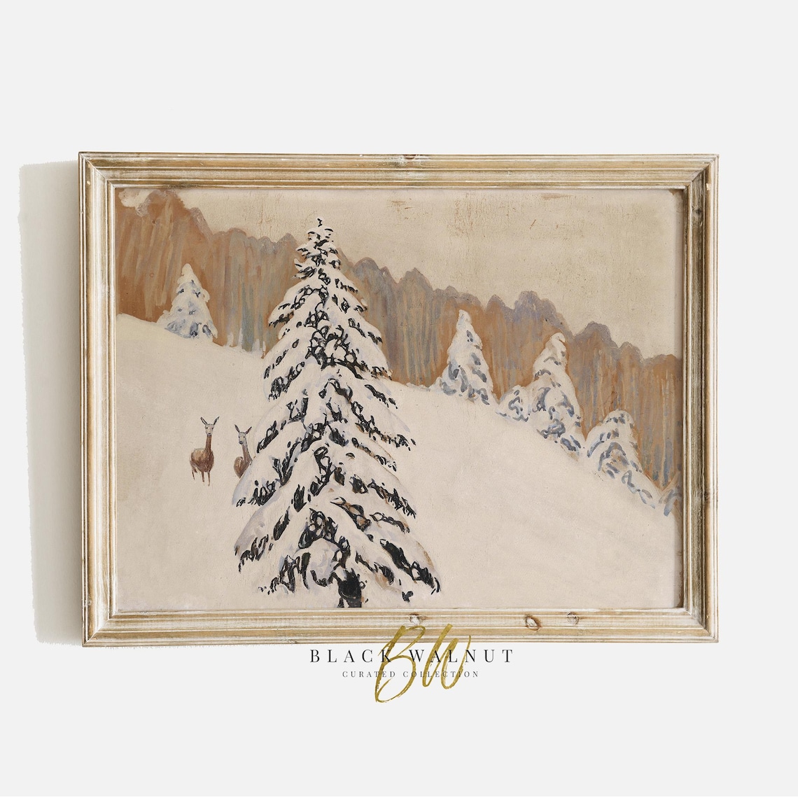 Vintage Winter Forest Deer Snowy Landscape Neutral Holiday Wall Poster