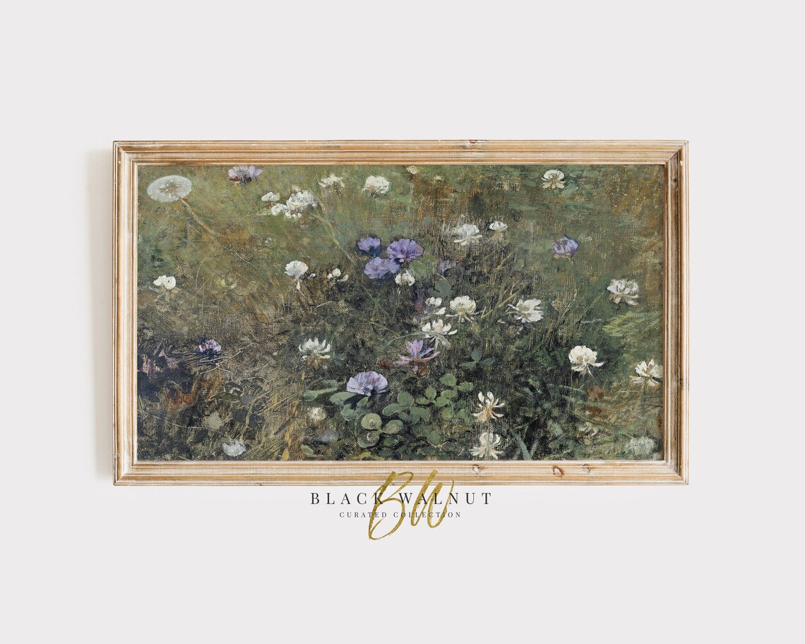 Moody Wildflower Field White Purple Blooms Vintage Painting Wall Art
