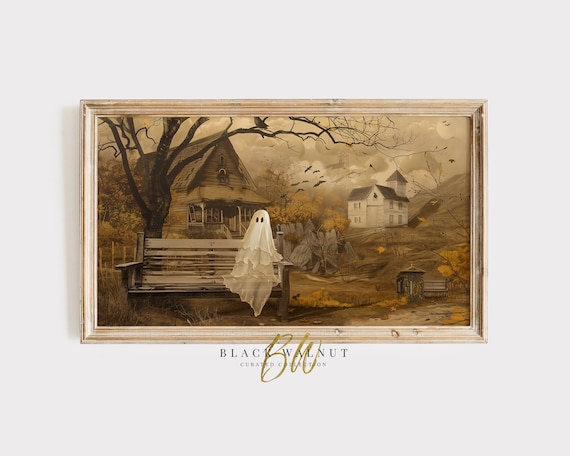 Ghost Sitting On Bench By Old House Autumn Crows Sepia Halloween Art Print