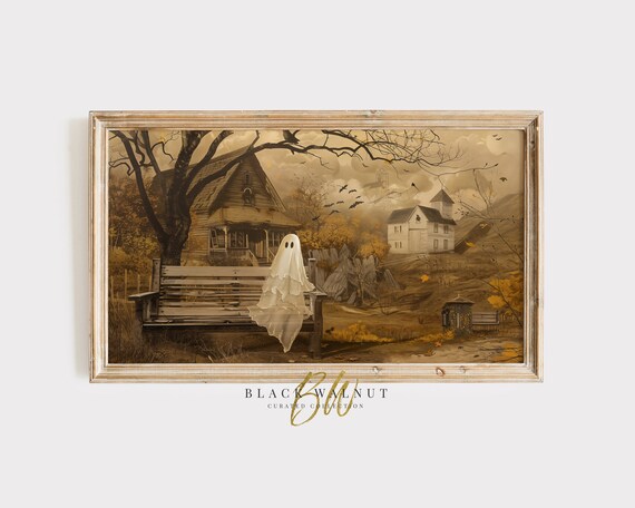 Halloween Frame Tv Ghost Art Ghost On Bench Muted Neutral Frame Tv Art Dark Moody Landscape Country Style Instant