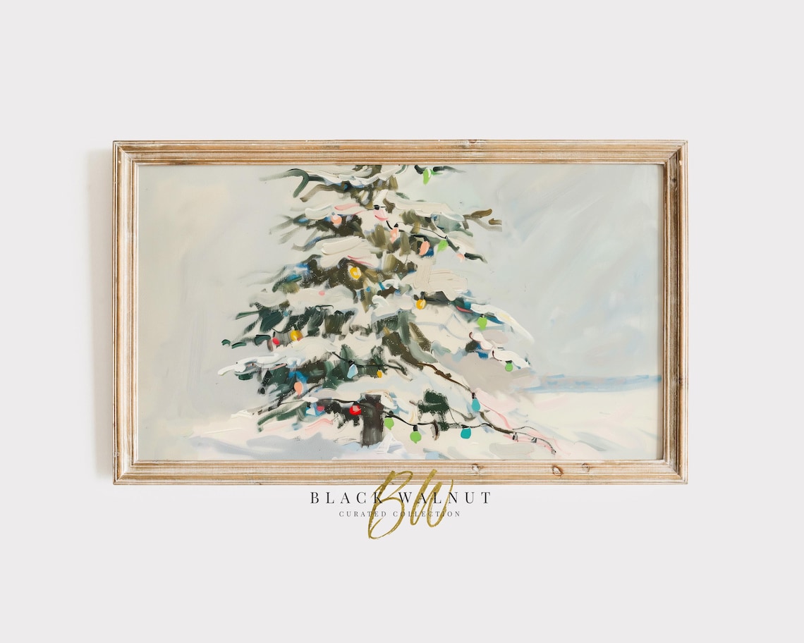 Pastel Christmas Tree Art Print, Winter Landscape