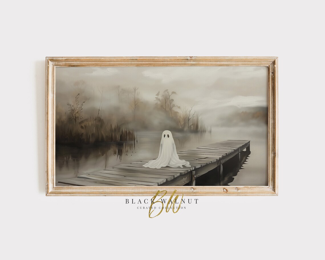 Halloween Ghost on Dock Lake, Rustic Fall Art Print