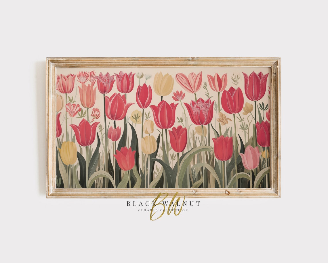 Retro Red Pink Tulips Vintage Botanical Folk Art Spring Wall Poster