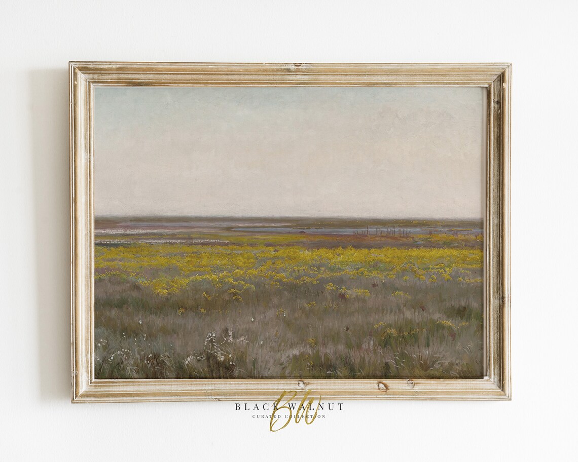 Antique Oil Painting Spring Meadow Yellow Wildflowers Field Poster