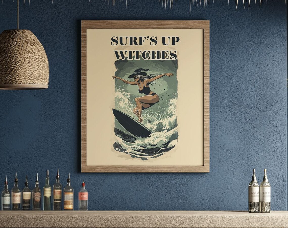 Surf's Up Witches Funny Witch Surfing Vintage Beach Wave Wall Art - Image 2