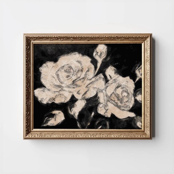 White Roses Sketch Black Background Vintage Floral Art Poster