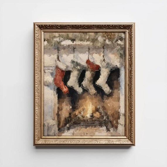 Vintage Christmas Stockings Hanging Over Fireplace Holiday Painting Poster