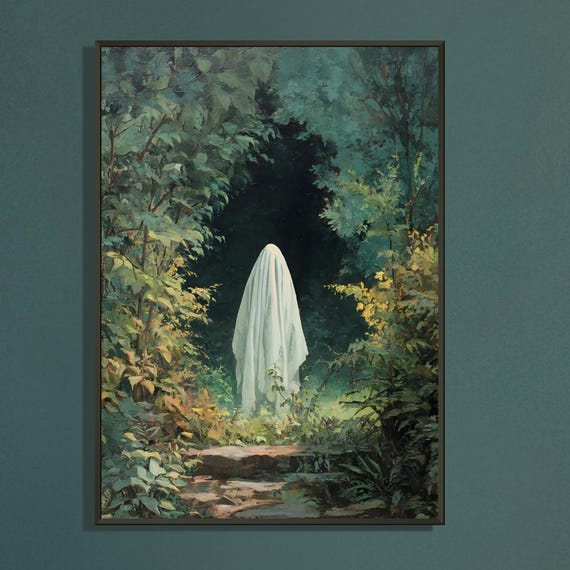 Vintage Farmhouse Halloween Painting Spooky Art Black Frame