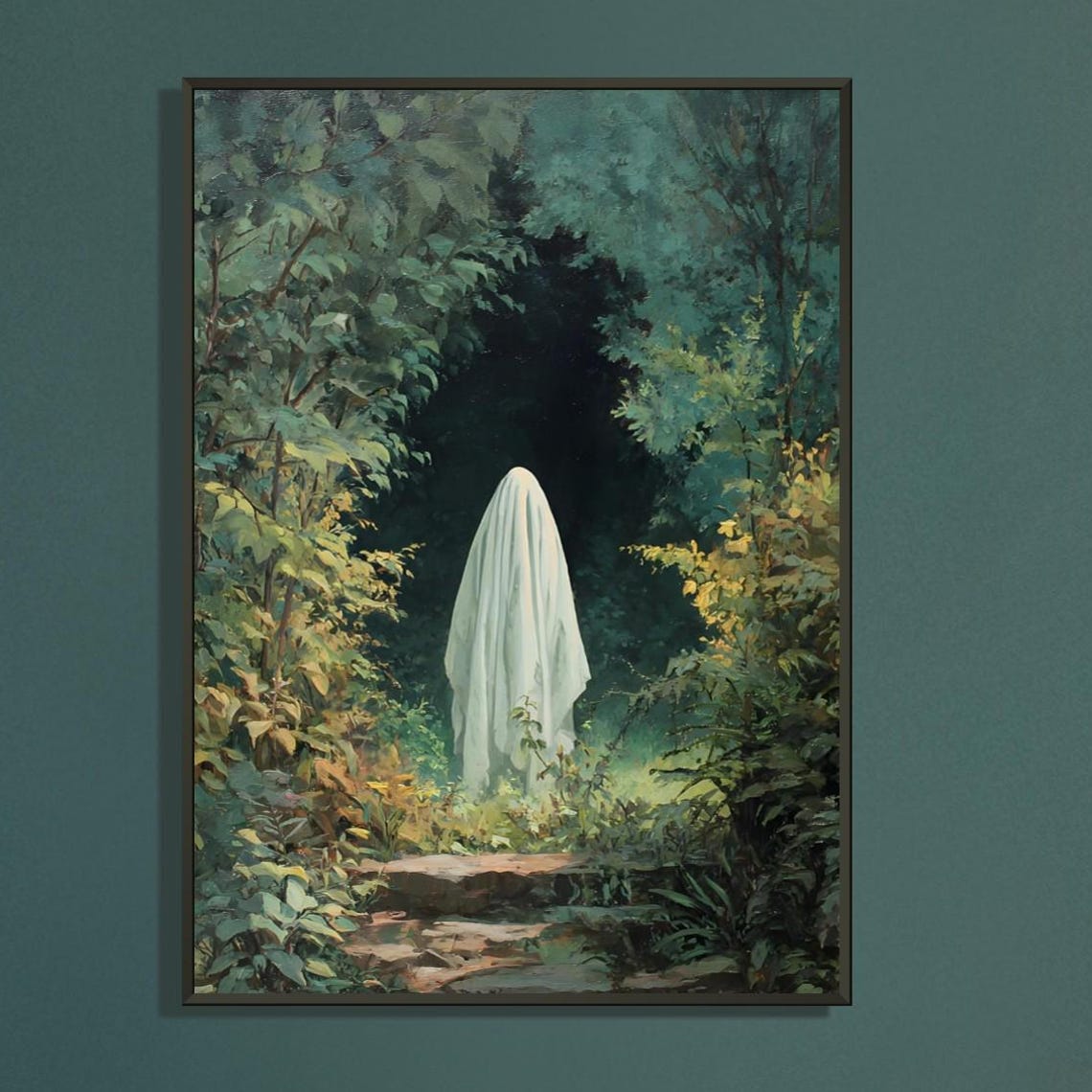 Vintage Farmhouse Halloween Painting Spooky Art Black Frame