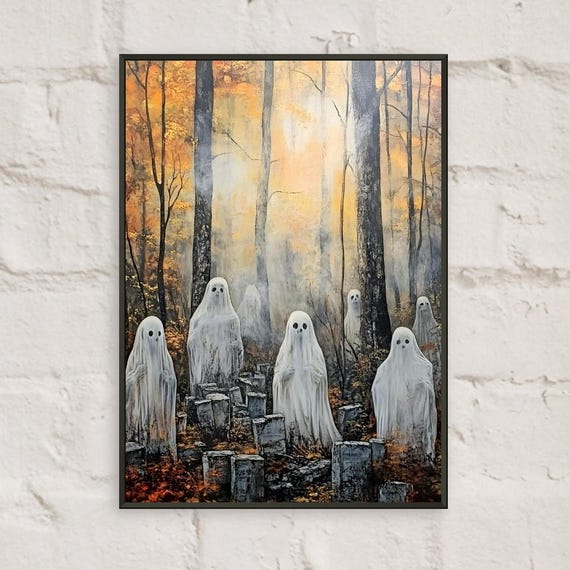 Ghosts In Forest Halloween Art Vintage Dark Academia Fall Decor