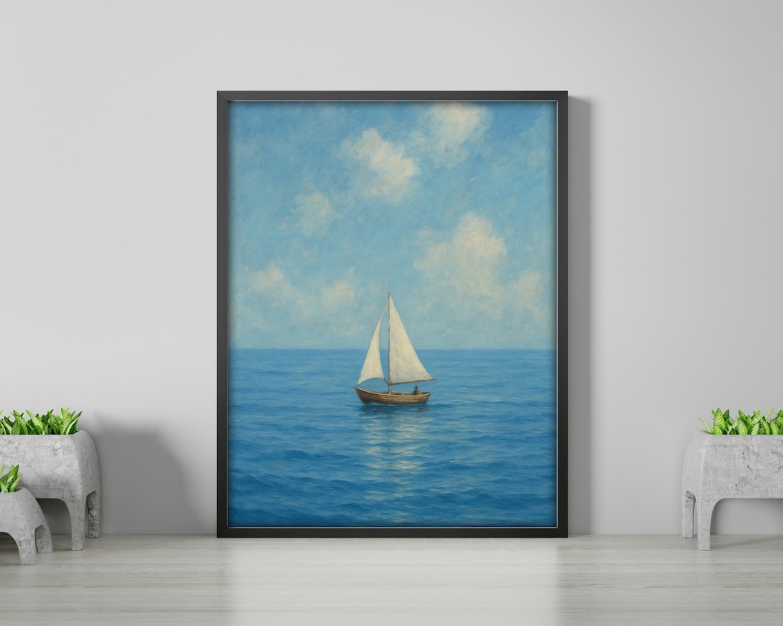 Minimalist Sailboat in Still Blue Waters Art Print - Image 2