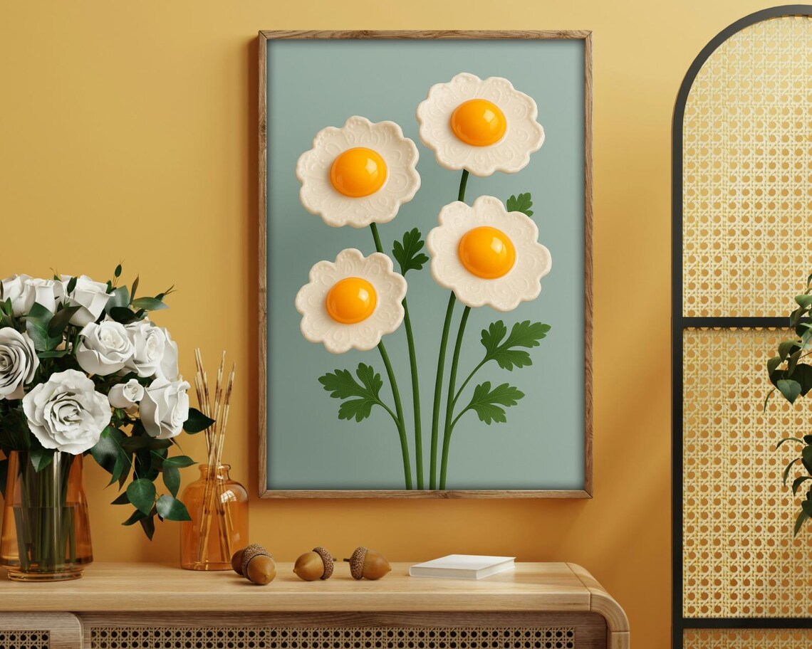 Sunny Egg Bloom Surreal Minimalist Kitchen Art - Image 3