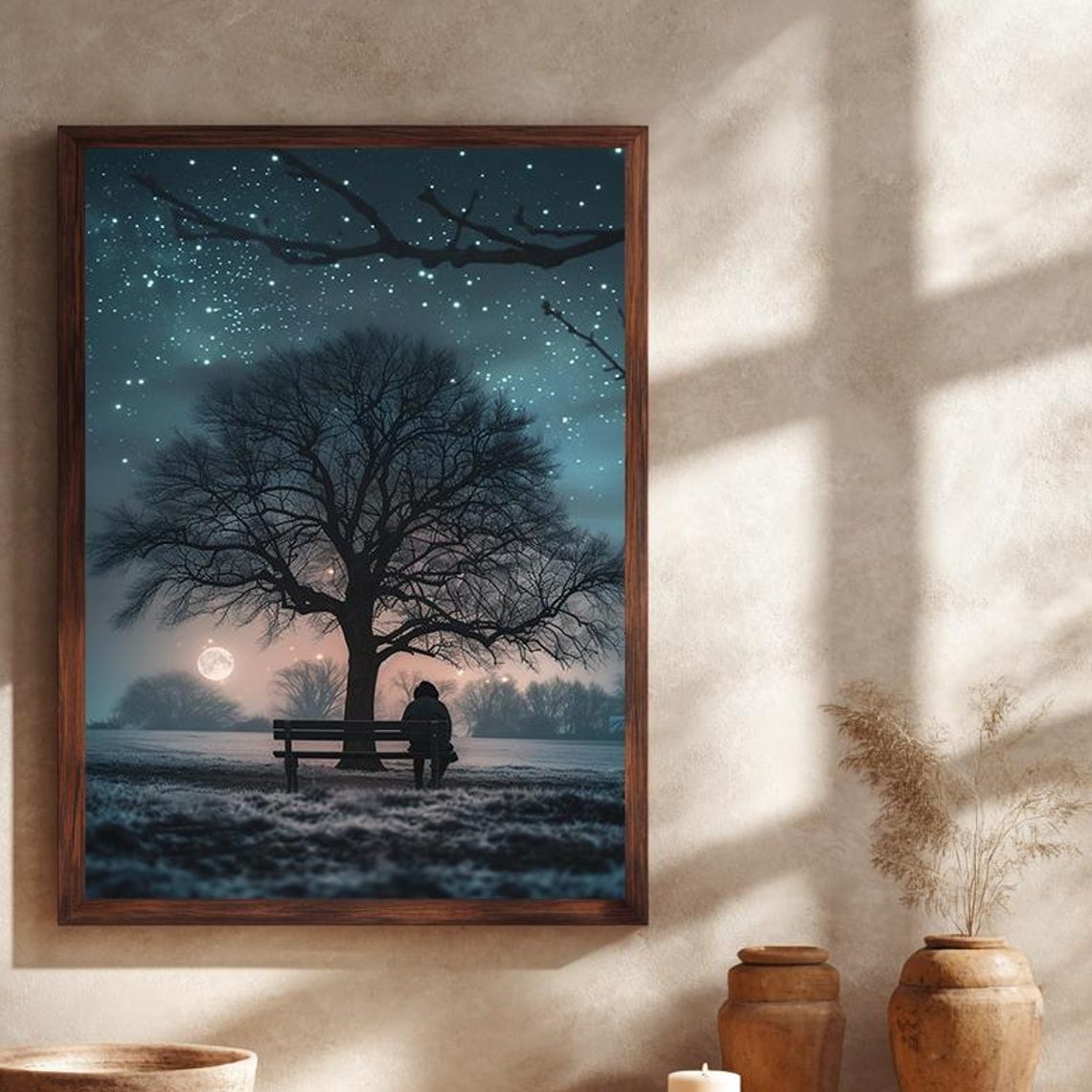 Lonely Night Moonlit Bench Starry Sky Melancholy Landscape Art Poster